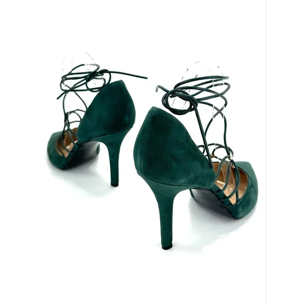 Nine West Jarraho D'Orsay Stiletto Pump Sz 10 Green Suede Adjustable Ankle-Wrap